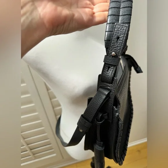 AllSaints Black Pebbled Leather Crossbody Bag with Tassel & Top Handle - Picture 7 of 9